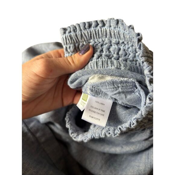 Garnet Hill Pull On Midi Linen Skirt size XL Blue Smocked Waist Side Pockets - Picture 9 of 9